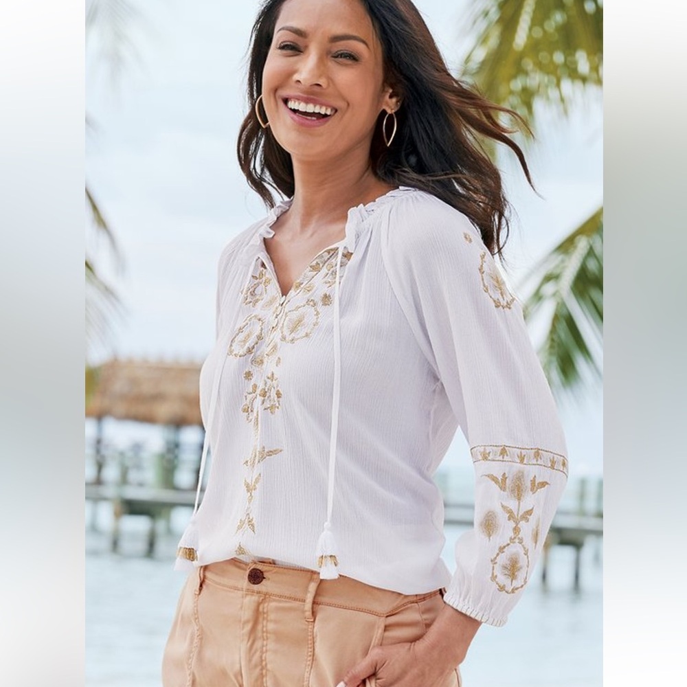Soft Surroundings Embroidered Peasant Blouse White Gold | petite large - Picture 3 of 14